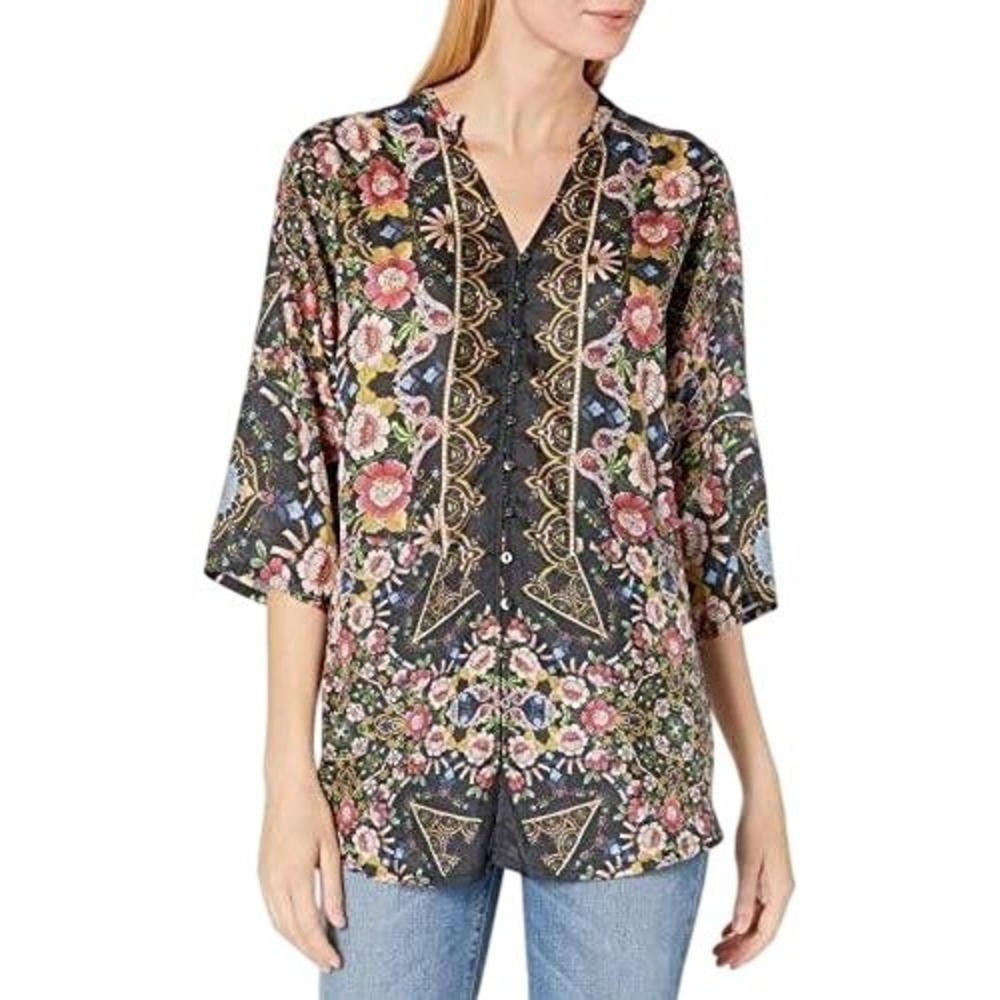 Johnny Was Women's Oversized Floral Printed 3/4 Sleeve 100% Silk Blouse Sz Small
